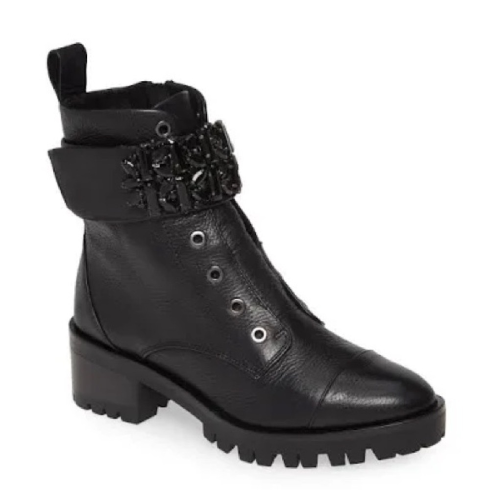 NWT Karl Lagerfeld Paris Women's Pippa Jeweled Pebbled Leather Lug/Combat Boots
